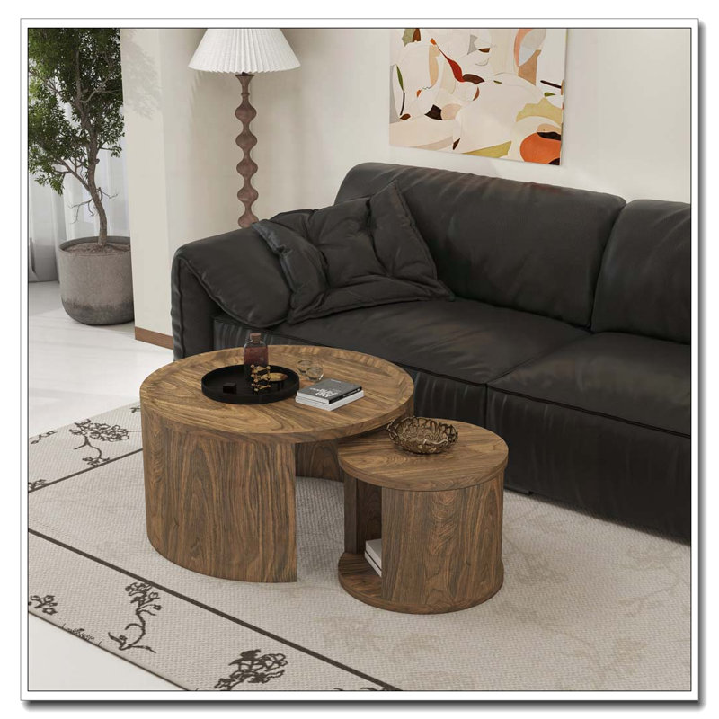 Round Nesting Coffee Table Set, Natural Wood-1