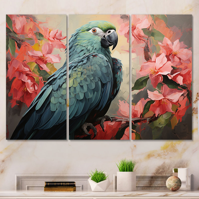 «Blue and Pink Parrot Paradise I», art mural perroquet, H 28 po x l 36 po, Toile tendue