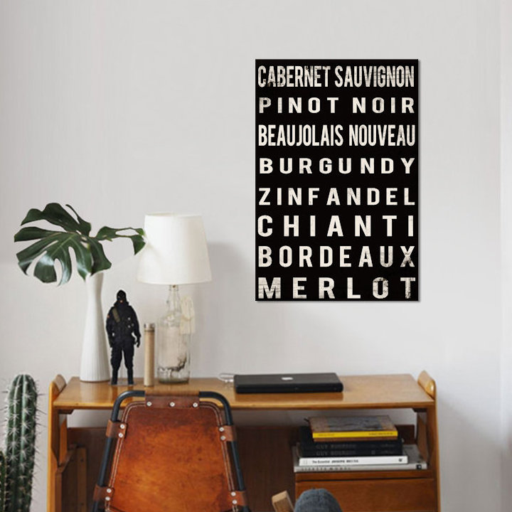 «Wine», art textuel sur toile, H 18 po x l 12 po x P 1,5 po, Pas de tapis, Toile tendue