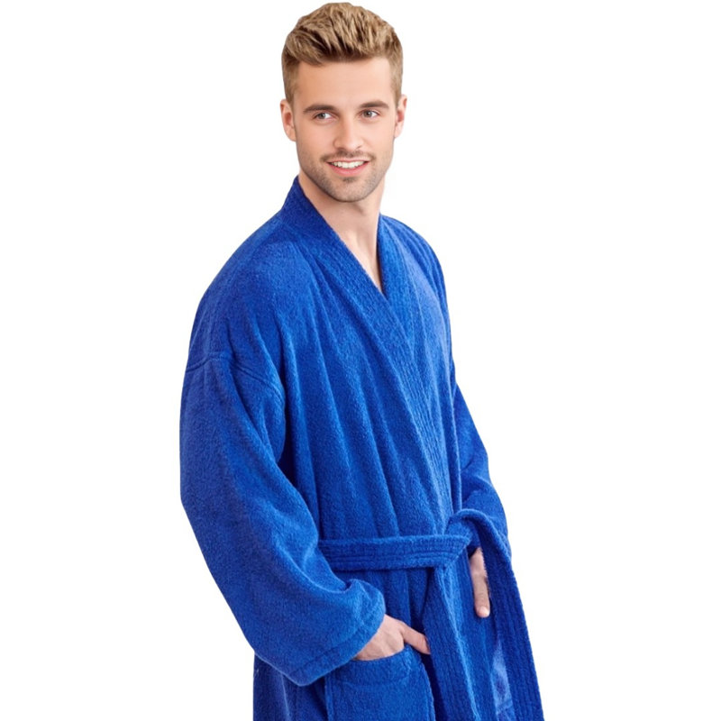 Peignoir mi-mollet 100% coton avec poches Ladijah, Bleu royal