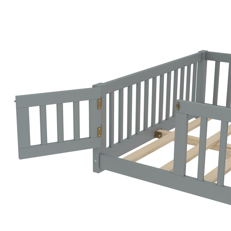 Floor Platform Bed with Fence, Grey, Full