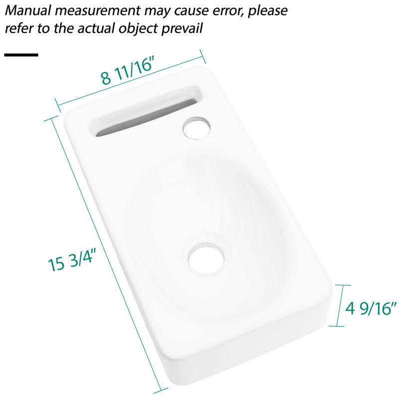 Lavabo de salle de bain mural en céramique - Rectangulaire blanc 15,82 x 8,54 po, teint, faible absorption d'eau, surface lisse, avec trou de robinet, finition rectangulaire, résistance aux acides, simple