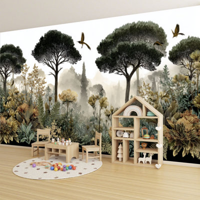 Peel and Stick Wallpaper 69" L x 96" W Modern Self Adhesive Wall Mural for Bedroom - With Ultra Detailed Nature Deep Green Print
