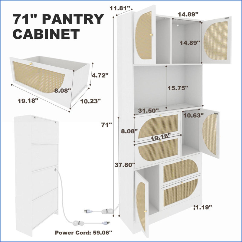 Armoire de rangement | Portes modernes en rotin, 4 armoires, 4 tiroirs, comptoir et amp; Prise de courant | Panneau de fibres à densité moyenne | L 31,5 po x P 11,8 po x H 70,9 po