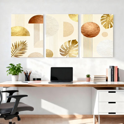 «Golden Golden Leaves and Geometric Shapes», art mural, reproduction abstraite moderne (ensemble de 3)