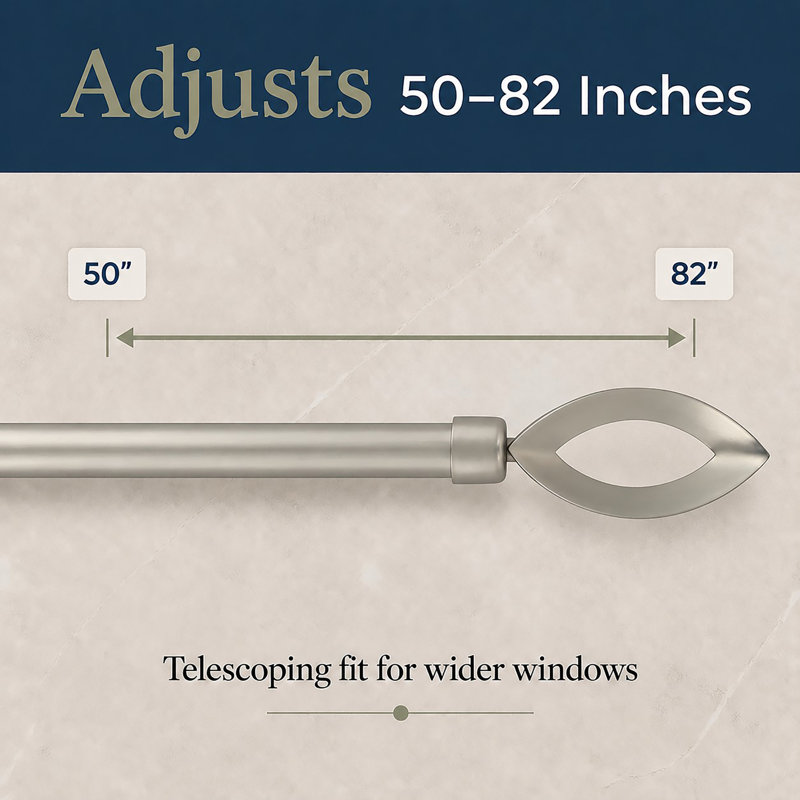 Adjustable Single Curtain Rod with Modern Finials - Silver Matte (50-82 inches), Silver