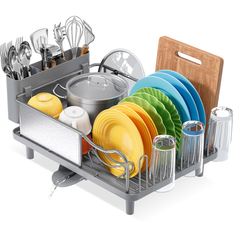 Stainless Steel Dish Drying Rack with Cutlery Holder,Extra Large Capacity Dish Drainer,Kitchen Dish Rack,Plate Rack, Gray