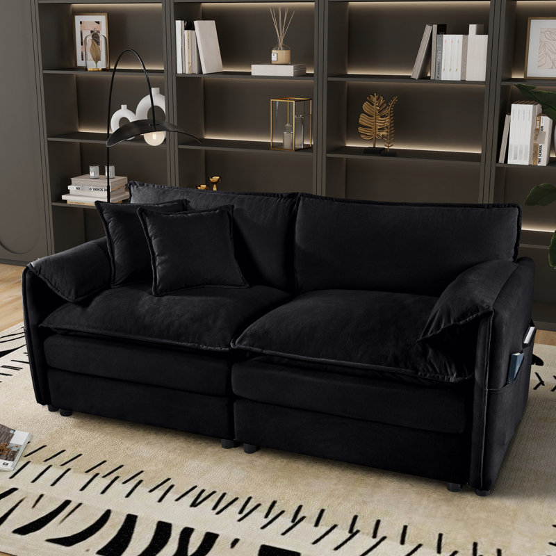 Chenille pour espace de vie, 2 avec cadre, noir et canapé, coussins double couche, pièce de design moderne, Noir