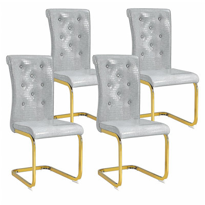 Ensemble de 2 chaises de salle à manger rembourrées en peau d'alligator rétro avec boucles en cristal et similicuir, une touche d'élégance et de mystère pour la salle à manger, pattes en métal noir