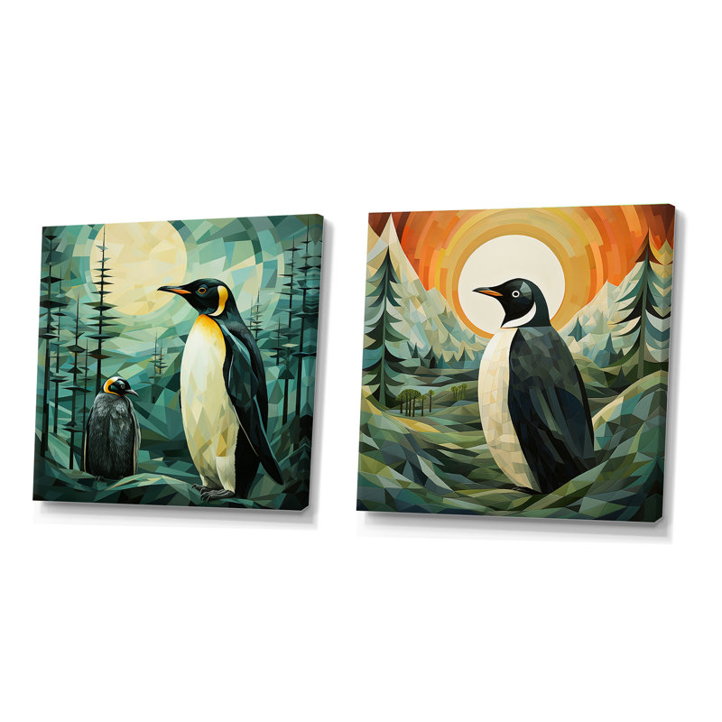 Forêt de pingouins au coucher du soleil - Ensemble de 2 animaux pingouins carrés, Toile tendue, H 16 po x l 33 po