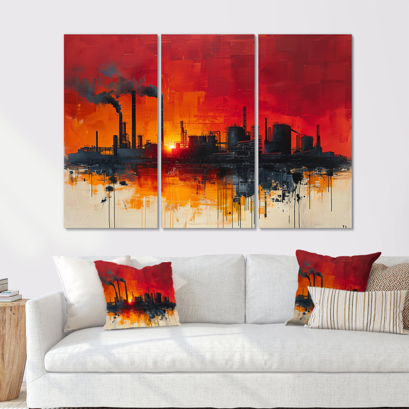 Jaune, rouge, production, Power Factories I - ensemble d'art mural usines, Métal métal, H 40 po x l 60 po x P 1 po