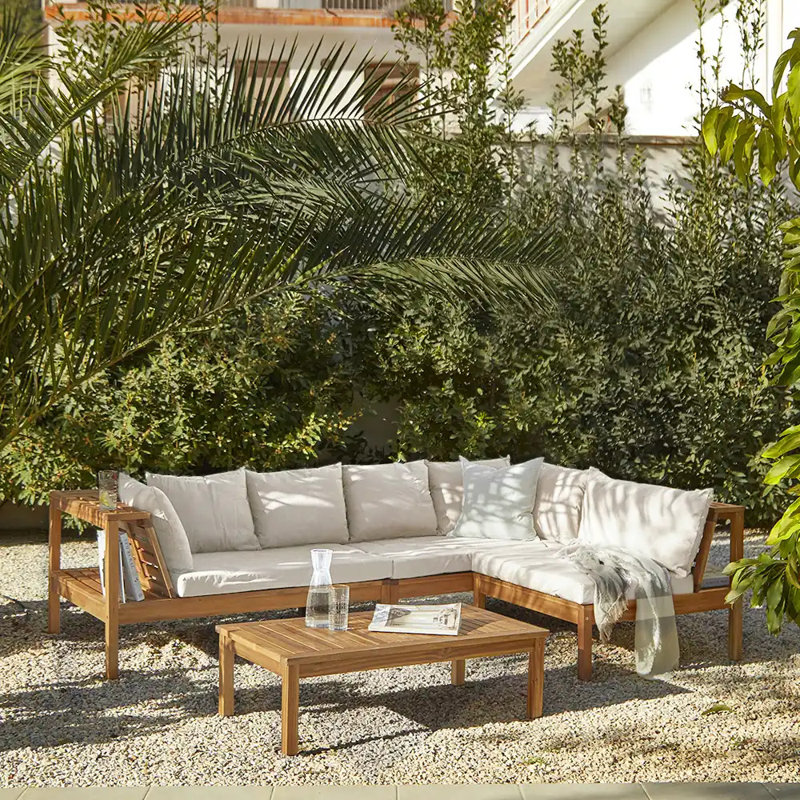 Collinward 240cm Wide L-Shaped Acacia Patio Sectional Set with Cushions, Natural, No Umbrella