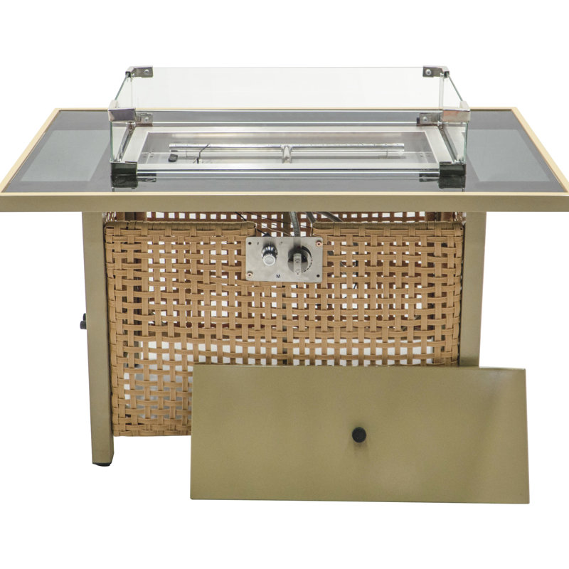 60000 Outdoor Fire Pit Table, 43" Rectangular With Open Weave , Glass Wind Guard, For Garden Patio Deck Backyard - Orange Yellow Hue Table Propane, & Mustard