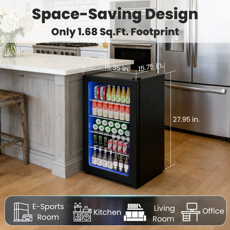 IUDommy 15.4'' W 130 Cans 1.7 Cubic Feet Freestanding/Built-In Wine & Beverage Refrigerator With Glass Door, Black, Black