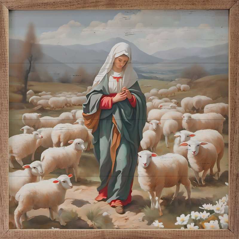 Mary with Sheep, impression sur bois encadrée