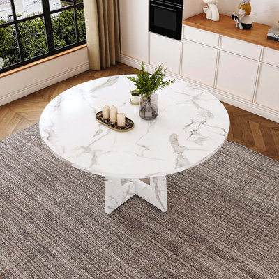 Table de salle à manger de 47,24 pouces en panneau de fibres à densité moyenne, finition marbre blanc, capacité de 300 lb, facile à assembler pour 4 personnes