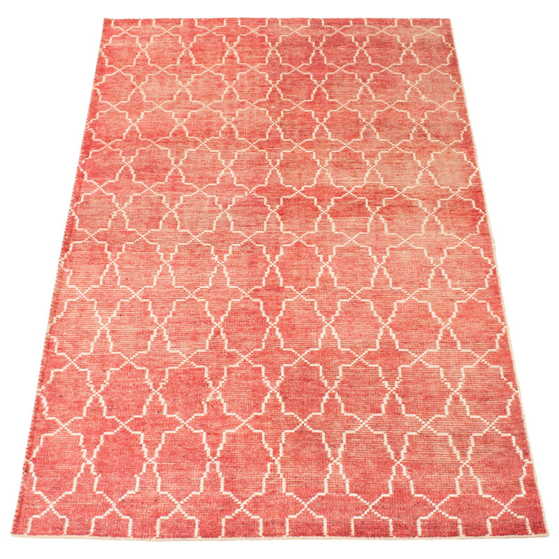 Tapis rose en laine noué à la main de conception unique 4 pi 11 po x 7 pi 11 po Irean