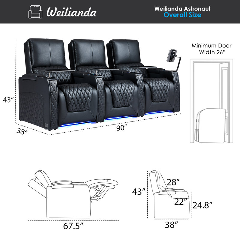 Leather Power Reclining Home Theater Seating with Cup Holder, Black Genuine Leather