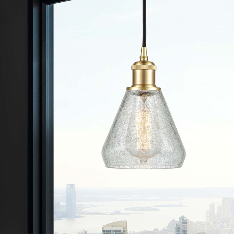 Berlin 1 - Light Single Pendant, Clear Crackle, 6 Watt Vinage LED Bulb, Satin Gold