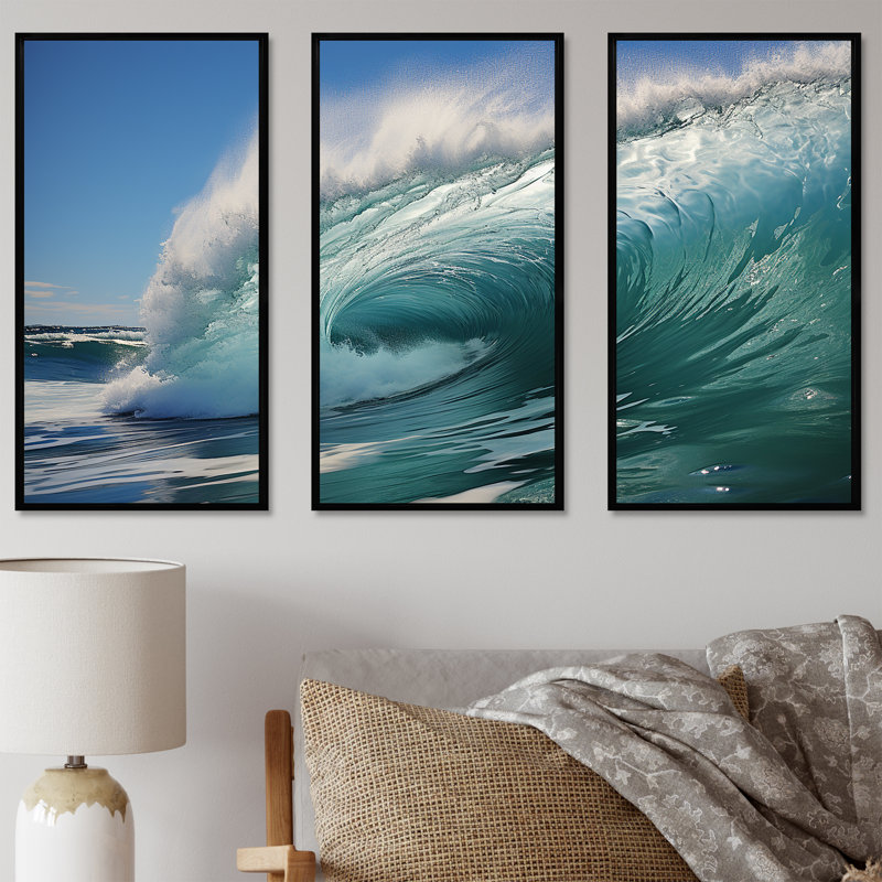 «Turquoise Ocean's Force Unleashed», ensemble d'art mural sur toile côtière, Cadre flottant noir, H 40 po x l 60 po x P 1 po