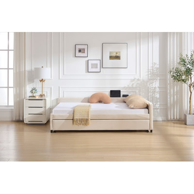 Lit de jour rembourré avec lit gigogne, structure de lit en bois robuste, conception de grille de diamant moderne, pour chambre à coucher, chambre d'amis (beige)