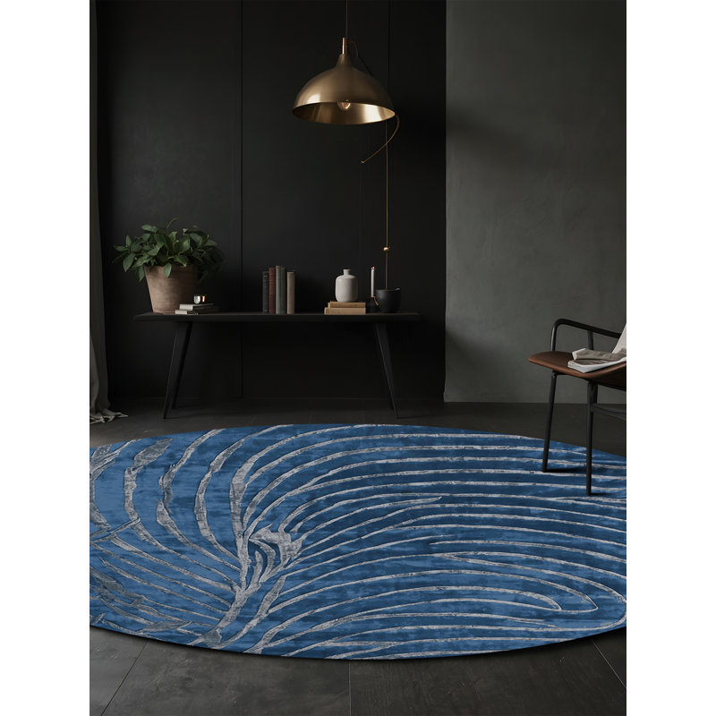 Machine Washable Blue Area Rug, Round 5'