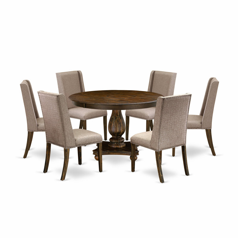 7 Piece Dining Table Set Consist of a Round Dining Room Table with Pedestal and 6 Dark Khaki Linen Fabric Parsons Chairs, Distressed Jacobean