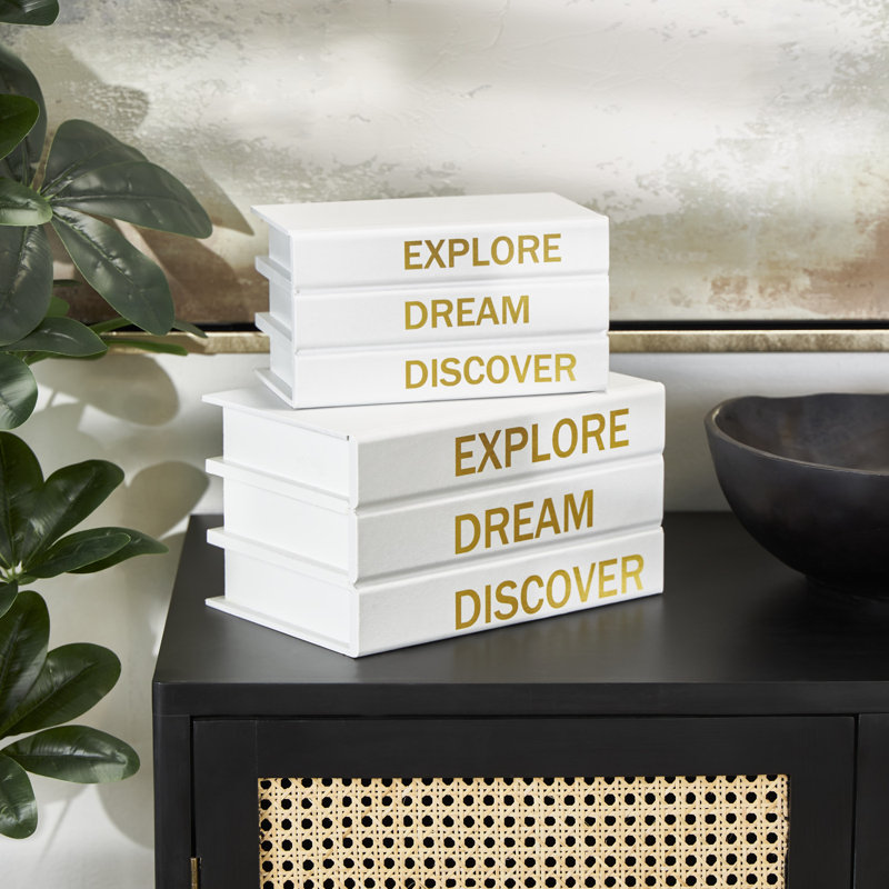 Annajoy Canvas Decorative Box with Gold Explore, Dream, Discover Text Set, White