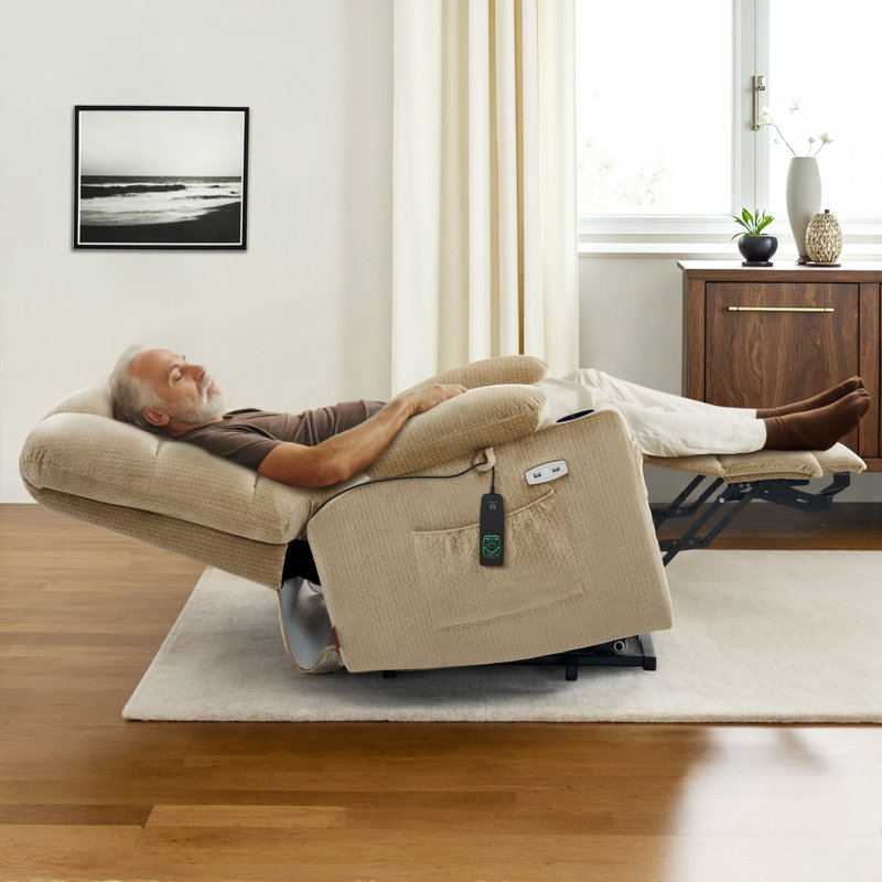 Nihat   Lay Flat Dual Motor Power Recliner Lift Chair with Massage and Heat, Beige 100% Polyester
