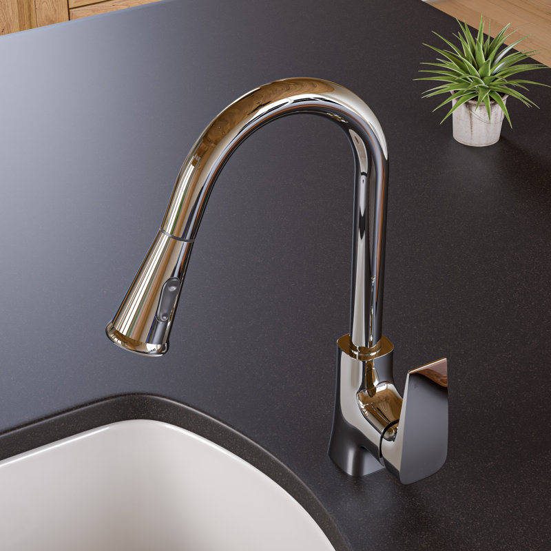Robinet de cuisine rétractable à poignée simple avec douchette latérale, Chrome poli