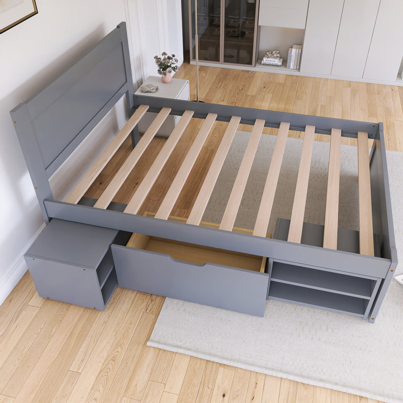 Lit plateforme simple en bois avec tiroir et deux tablettes, Gris