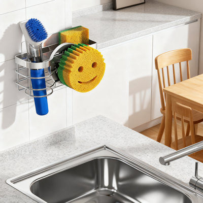 Porte-éponge pour évier de cuisine Cisily avec ventouses et support adhésif, support pour évier multifonction en acier inoxydable
