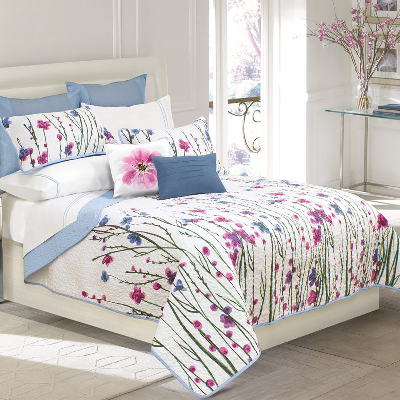 Full Blue Floral Microfiber Reversible Quilt Set