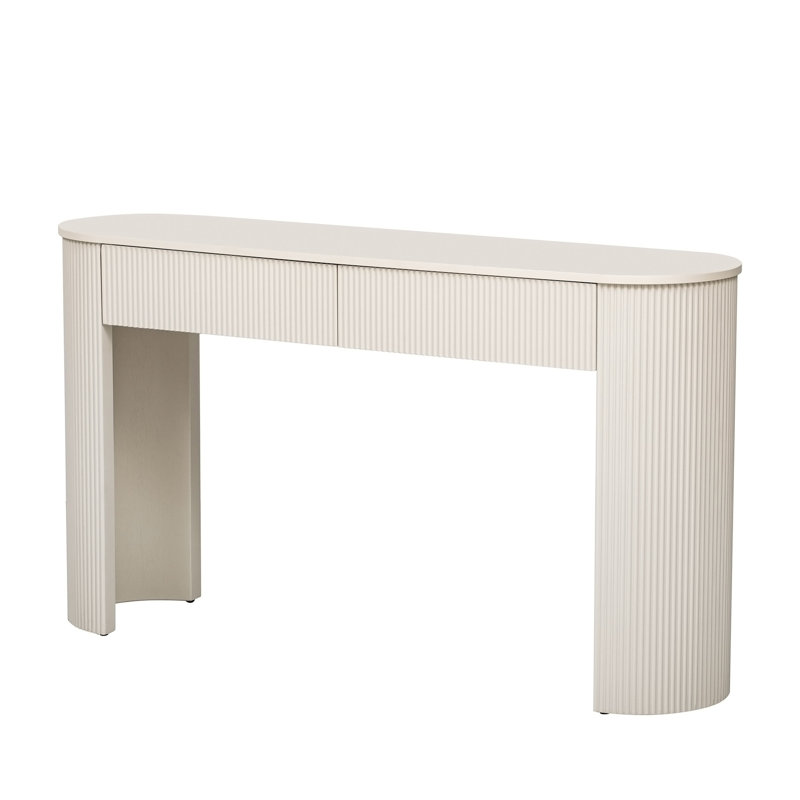 Table d'entrée avec design cannelé, console moderne avec rangement, plateau ovale et 2 tiroirs pour l'entrée et le salon (blanc champagne)
