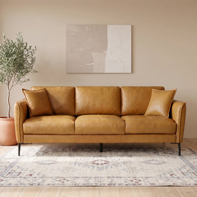 Canapé en cuir Vermont de style moderne du milieu du siècle avec accoudoirs incurvés et coussins décoratifs
