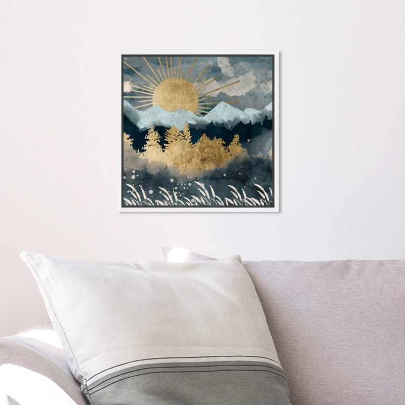 Nature et paysage aube au-dessus des montagnes, impression d'art moderne sur toile pour le salon, Cadre blanc