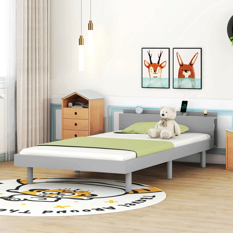 Bed Frame With Built-in USB Port on Shelves Headboard, Gray