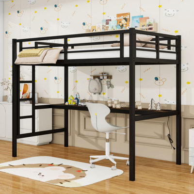 Lit mezzanine en métal avec lumière DEL intégrée, station de charge USB et bureau