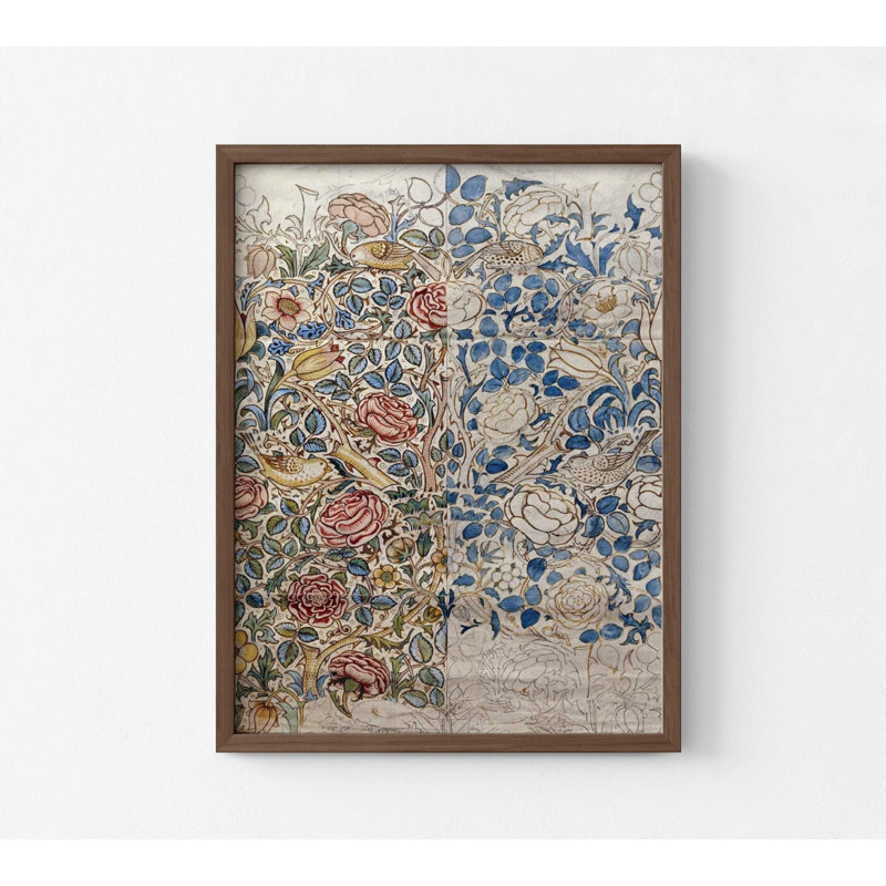 Conception pour Chintz: rose par William Morris, affiche imprimée oiseau, idée de petit oiseau, impression de feuilles bleu marine, décor de fleur blanche