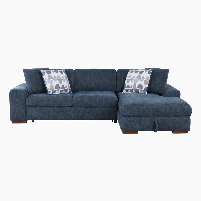 Odesser 115" W 2-Piece Chenille Sleeper Sectional, Blue Chenille, Right Hand Facing