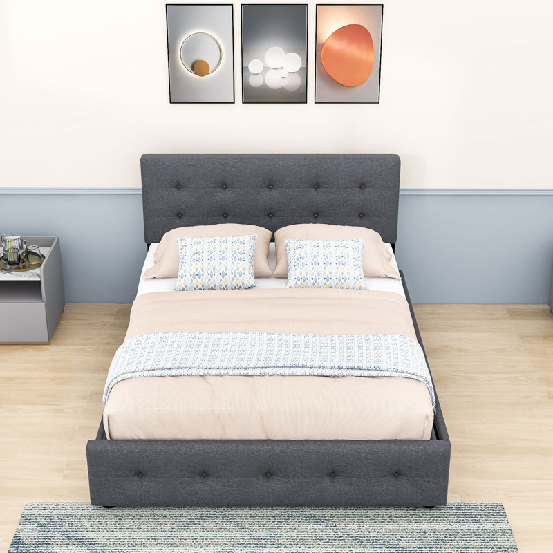 Vangelica Queen 2 Drawers Upholstered Platform Bed with Twin XL Size Trundle, Dark Gray