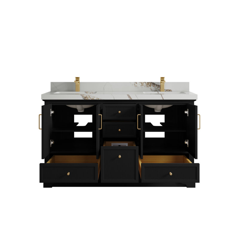 Meuble-lavabo double avec plateau Alys 60 (option boutons), Or Calacatta