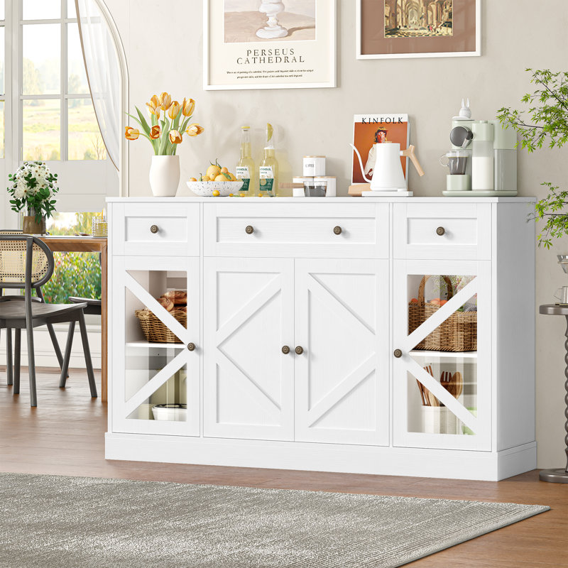 Lovern 55.1'' W 4-Door Sideboard with 3 Drawers, Interchangeable Doors, Close-Out Sales, White
