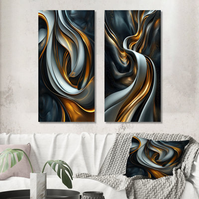 Tourbillon abstrait en tons de noir et d'or I - ensemble de 2 peintures murales abstraites