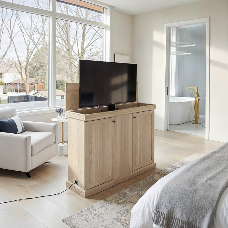 Meuble télé avec support vertical motorisé l 50,4 po, Bois naturel
