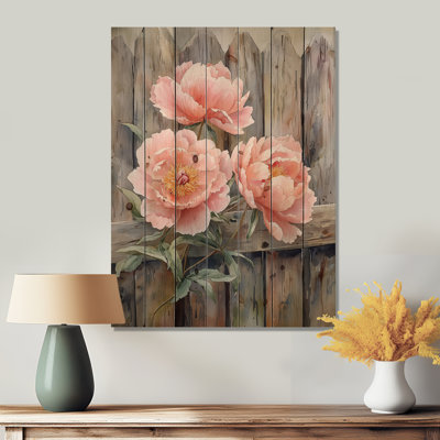 Pivoines à la clôture de la ferme I - Art mural en bois pivoines - sur bois de pin naturel