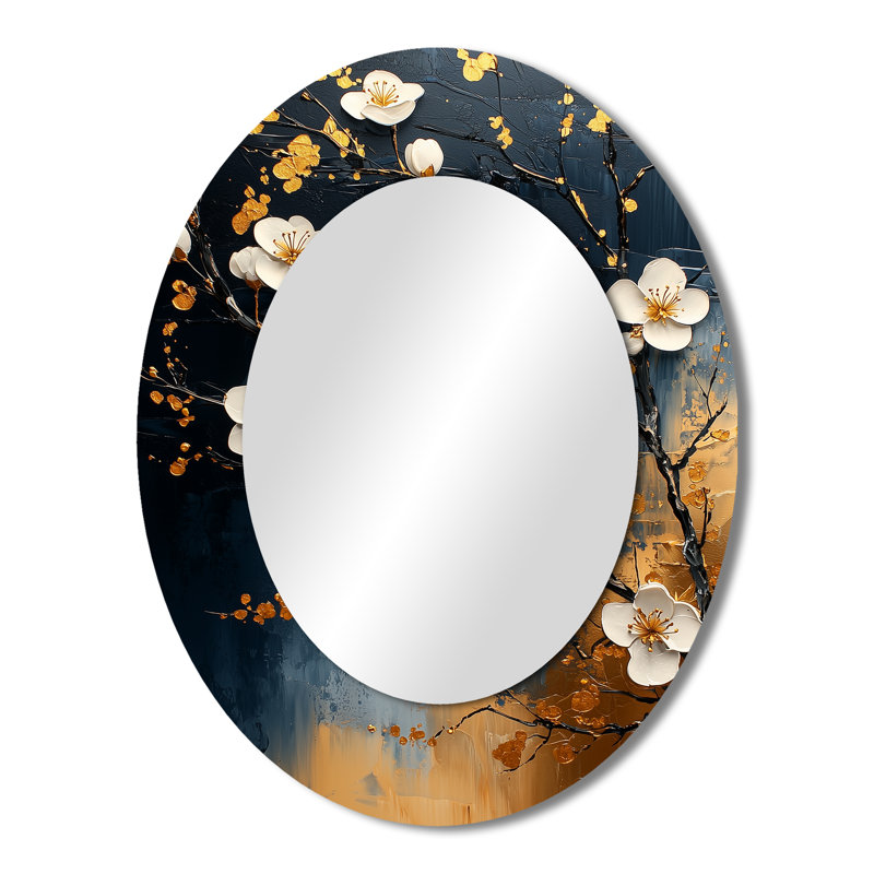 Doré et bleu cerisier en fleurs, paysage III - miroir décoratif ovale floral sur métal, 43 po x 33 po