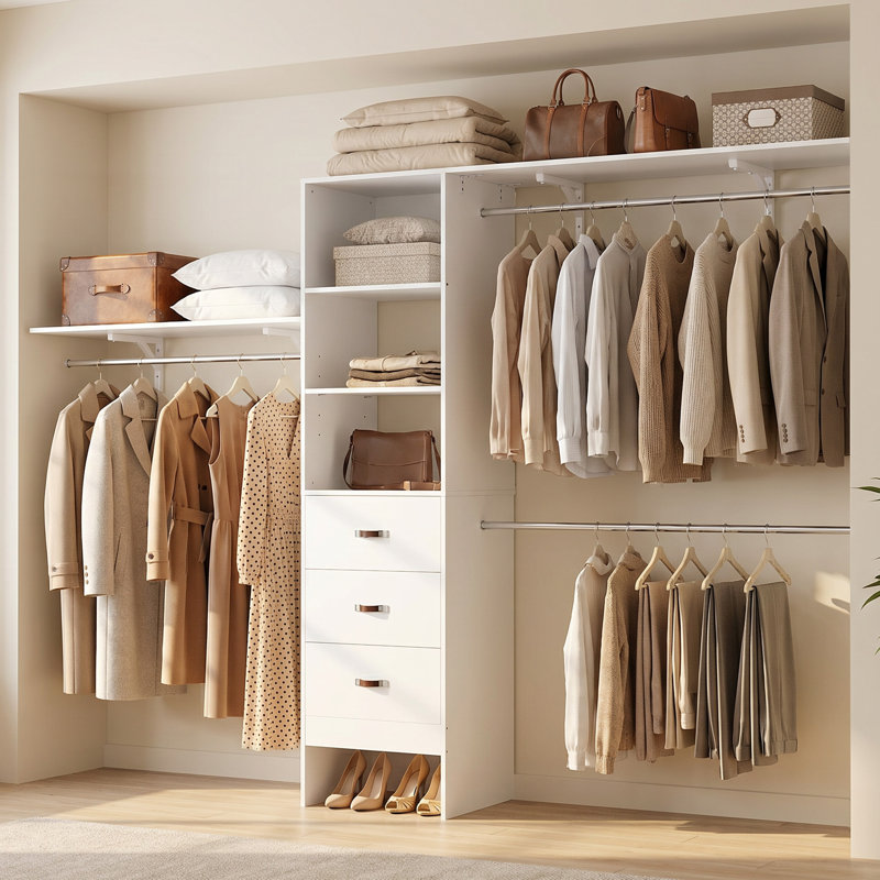Système d'organisation l 20,2 à 120 po Quion avec tiroirs en bois et tringles de suspension (coupés sur mesure), Blanc