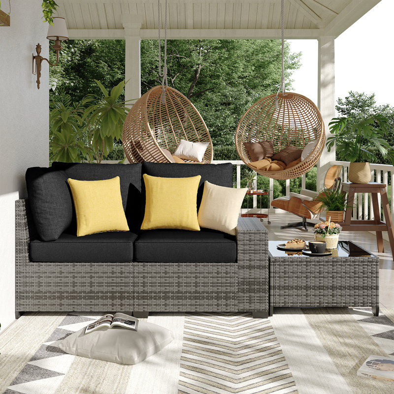2 -Person Rattan Patio Safo With Cushions, Gray, Black