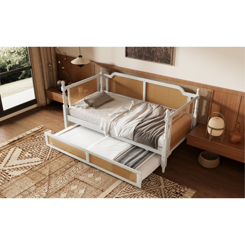 Traditional Style Rattan Twin Size Daybed With 2 Drawers For Limited Space, Guest Room, No Box Spring Needed,Antique White